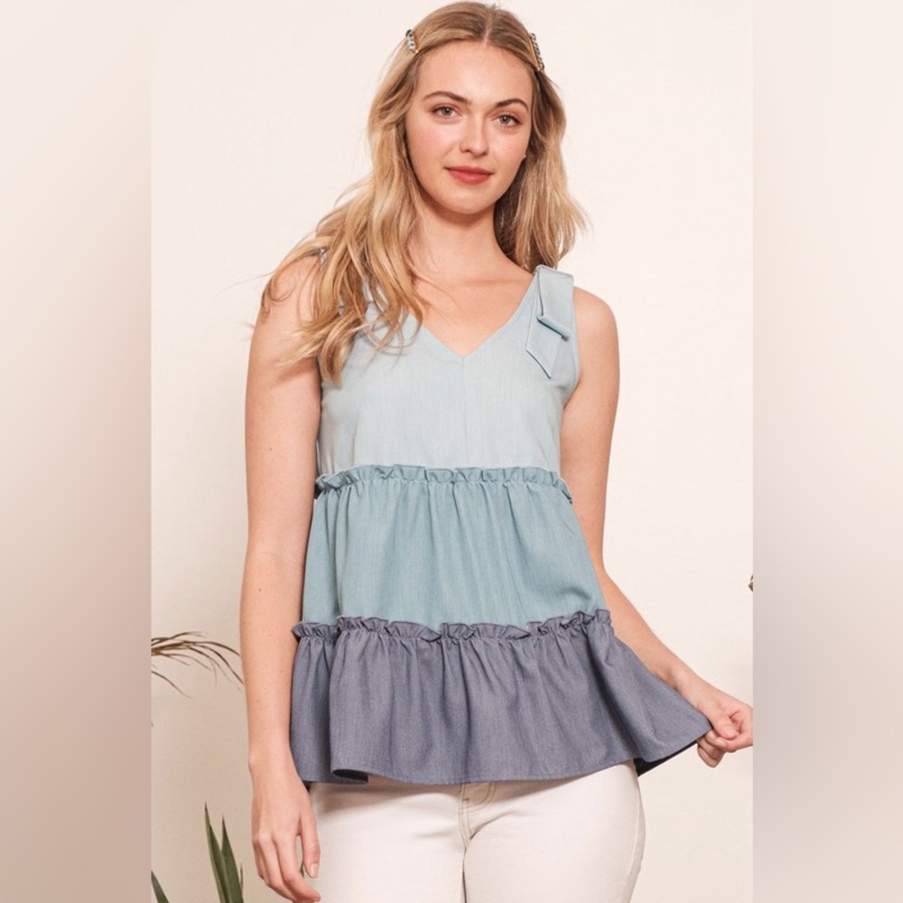 Lime 'N' Chili Full Size Color Block V-Neck Baby Doll Sleeveless Top Plus Size